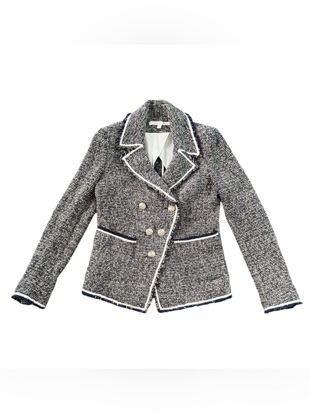 Veronica Beard Theron Tweed Double-Breasted Blazer Jacket Navy White Size 6 - Picture 2 of 15